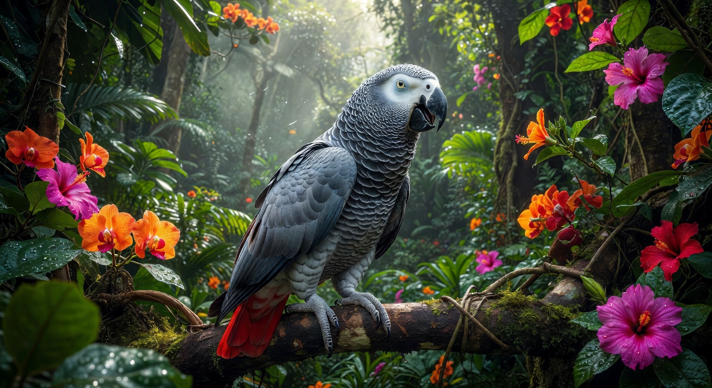 African grey parrot in Uganda forest