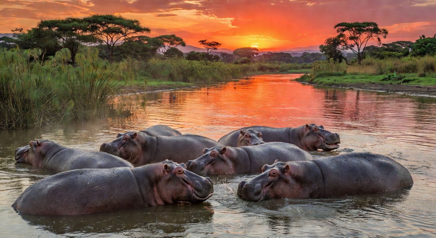Hippos resting at river sunset in Uganda