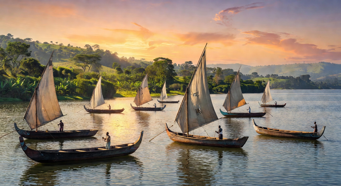 Traditional fishing boats on Lake Victoria Uganda