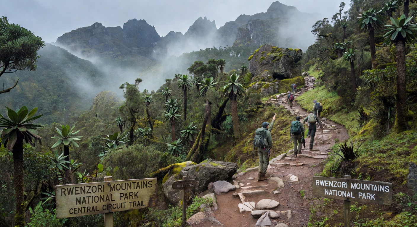 Hiking trail on Rwenzori Mountains Uganda