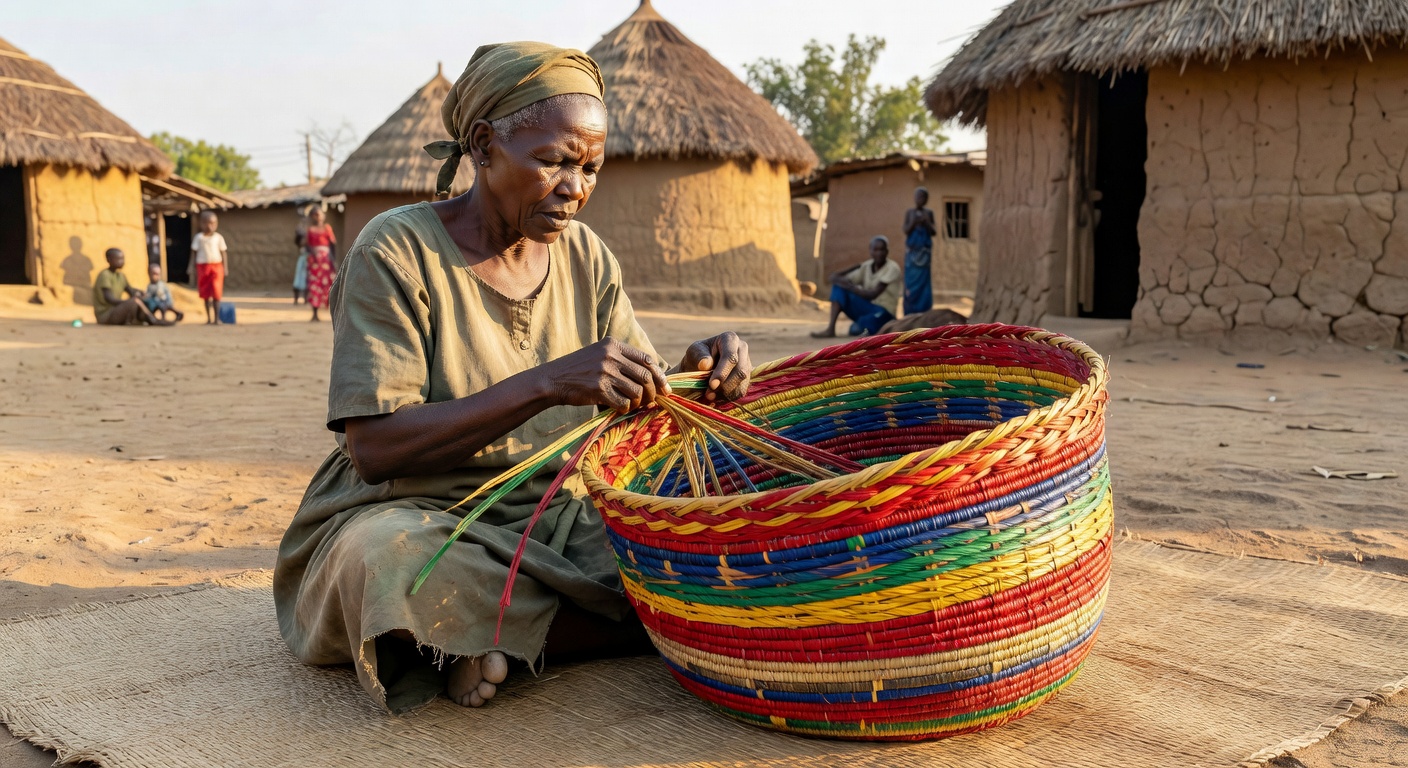 Ugandan woman weaving traditional baskets