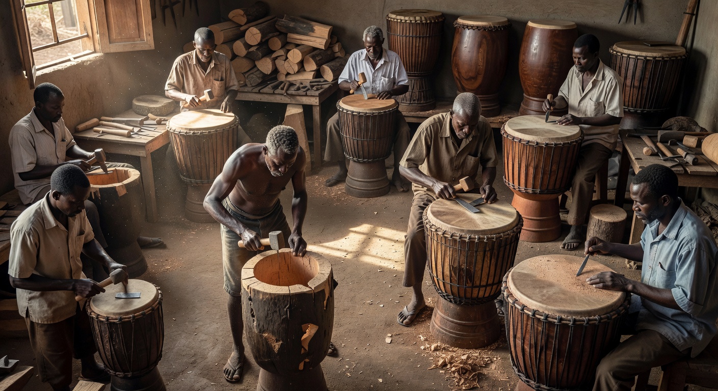 Traditional Ugandan drum makers at work