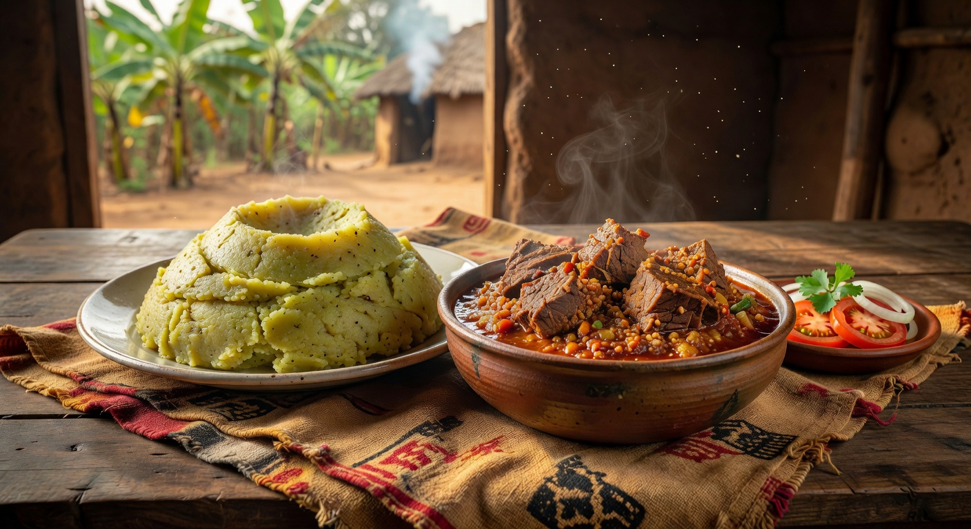Traditional Ugandan matoke banana stew